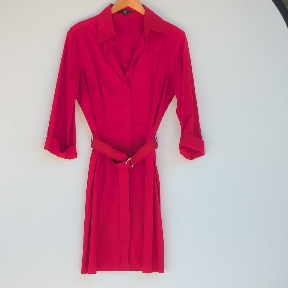 Hugo Boss Women's "Dashina2" 3/4 Sleeve Midi Belted Dress In Burgundy Size 12